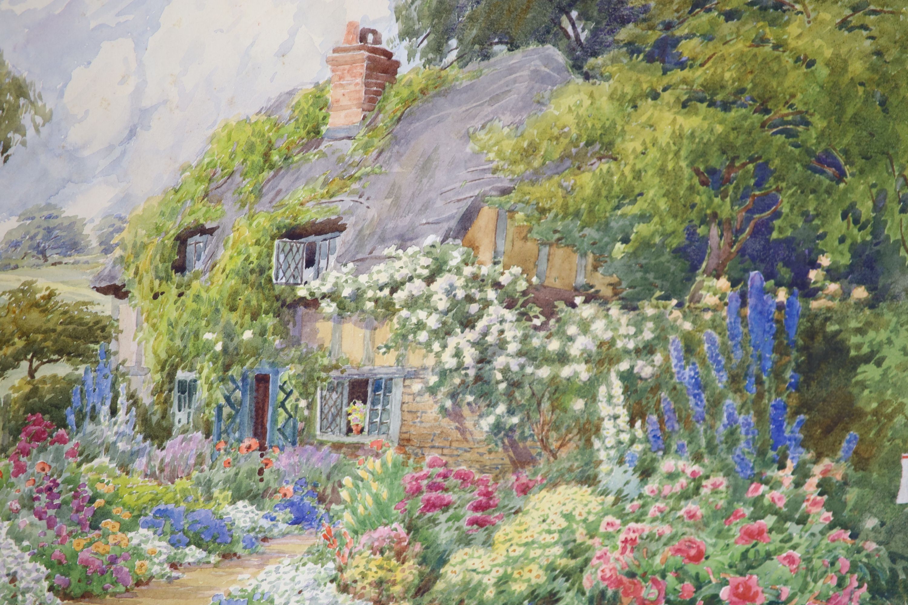 Howard Neville Walford (1864-1950), two cottage garden scenes and three similar watercolours by Nancy Dowson